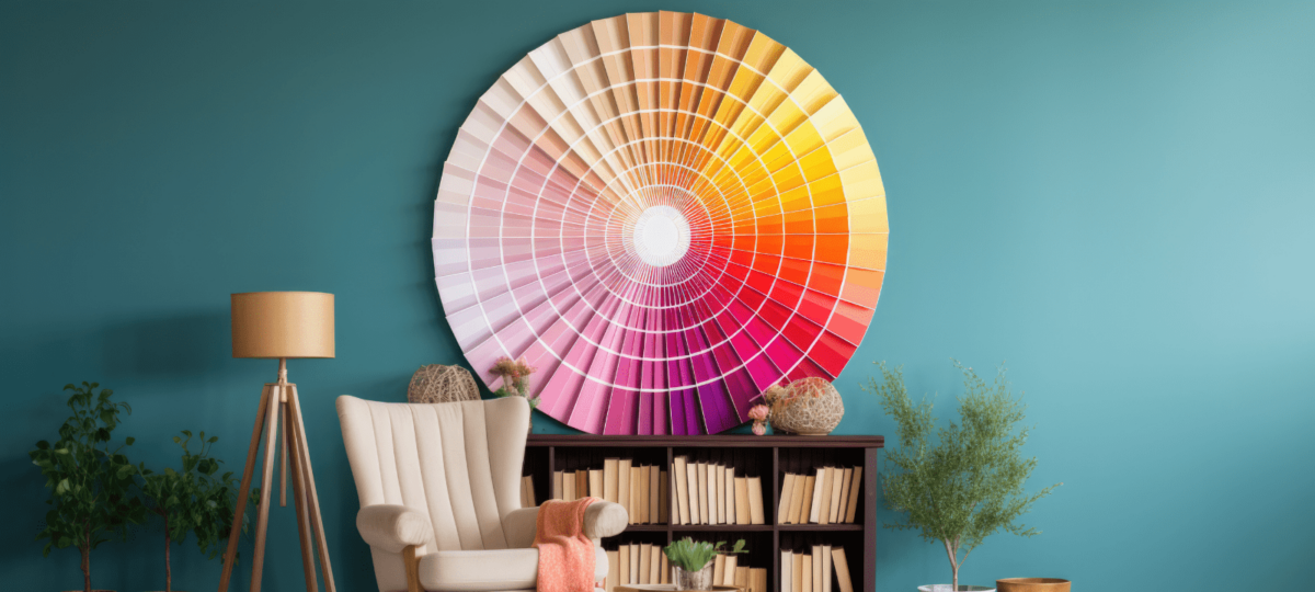 Ein Farbkreis, platziert in einem Wohnzimmer, zeigt eine harmonische Farbauswahl und dient als Inspiration für die Innenraumgestaltung und Farbkoordination